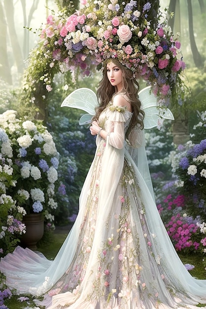 Se genera una modelo con un caprichoso vestido fluido con apariencia de cuento de hadas y una corona de flores.