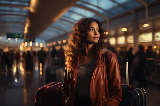 Foto se genera el retrato de una bella joven con el pelo rizado en el aeropuerto