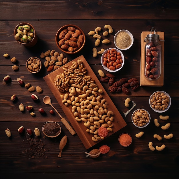 Se genera una variedad de nueces en una mesa de madera para comer de manera saludable
