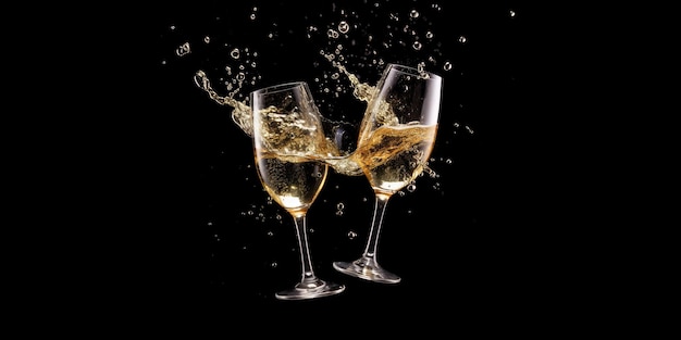 Generación Ai Dos copas de champaña con salpicaduras sobre fondo negro Concepto de celebración de alta calidad