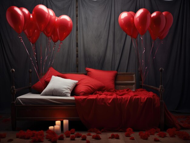 Generación AI Fondo romántico del Día de San Valentín con cama con ropa de cama roja pétalos de rosa y velas