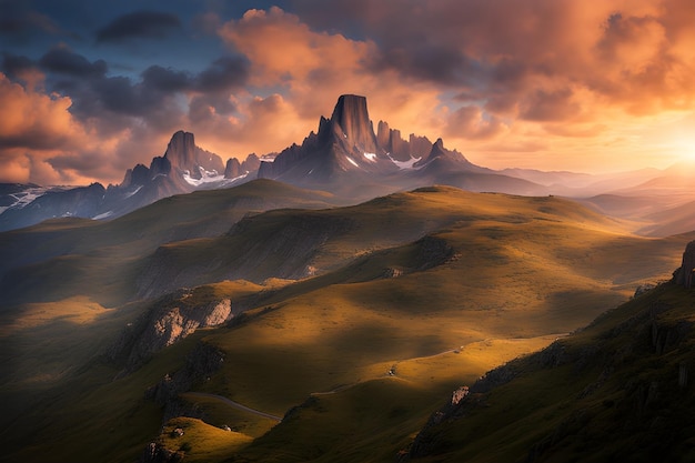 Foto generación de ai de paisaje de montaña.