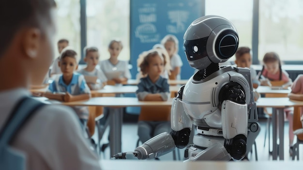 Generación de contenido de IA Aprendizaje futurista Robot de IA involucra a los niños en un aula de alta tecnología El futuro de la educación