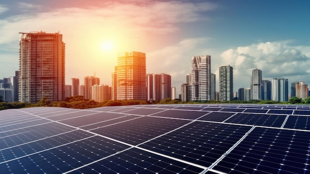 Generación de electricidad energía limpia Panel solar campo solar con ciudad moderna en el fondo Concepto de fuente de electricidad alternativa