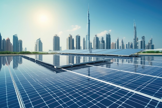 Generación de energía fotovoltaica y grandes ciudades modernas a lo lejos