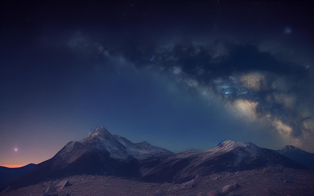 Generación de IA de una gran montaña en un cielo nocturno con vista al borde de la vía láctea