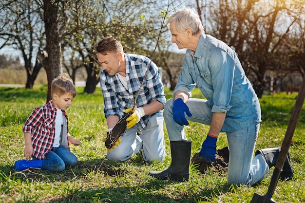 Generación masculina mayor que muestra a un niño pequeño y lindo cómo pensar en el entorno natural colocando un árbol frutal en un jardín familiar