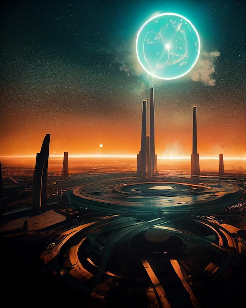 Generación de portal espacial sobre SciFi Metropolis en Alien Planet Art Illustration