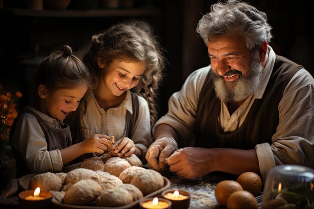 Generaciones se entrelazan en la cocina compartiendo recetas con amor generativo IA