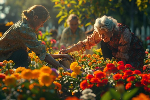 Generaciones de mujeres plantando flores en un vibrante