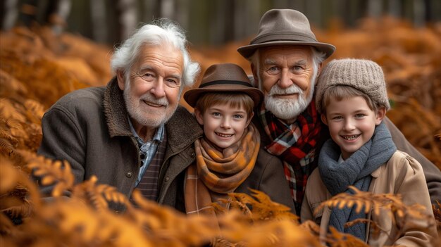 Generaciones unidas en el bosque otoñal Familia feliz con abuelos y nietos