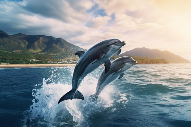 Generado por IA Delfines juguetones saltando sobre olas rompientes Paisaje de vida silvestre del Océano Pacífico de Hawái Animales marinos en hábitat natural