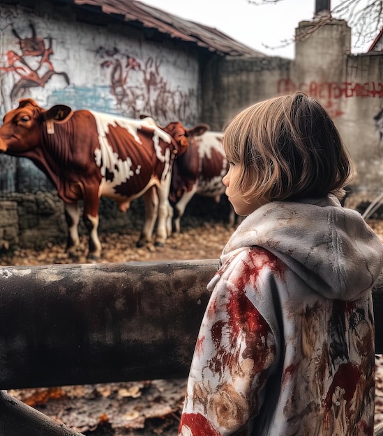 Generado con IA Niña mirando y jugando con vacas en la granja