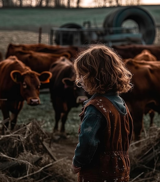 Generado con IA Niña mirando y jugando con vacas en la granja