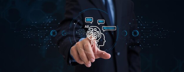 Generador de contenido de inteligencia artificial Un hombre usa una computadora portátil para interactuar con AI asistente AI apagado