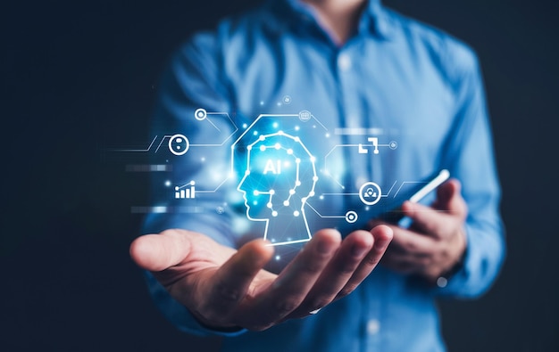 Generador de contenido de inteligencia artificial Un hombre usa una computadora portátil para interactuar con AI asistente AI apagado