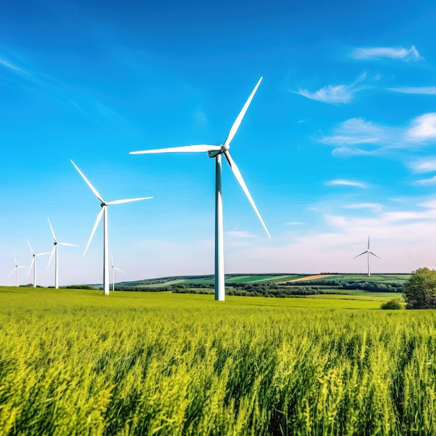 El generador de turbinas eólicas se encuentra en prados verdes contra el cielo