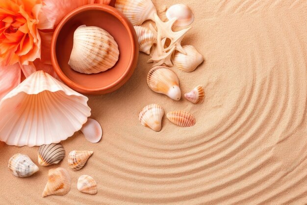 Se generan conchas marinas con arena como fondo en la playa de verano