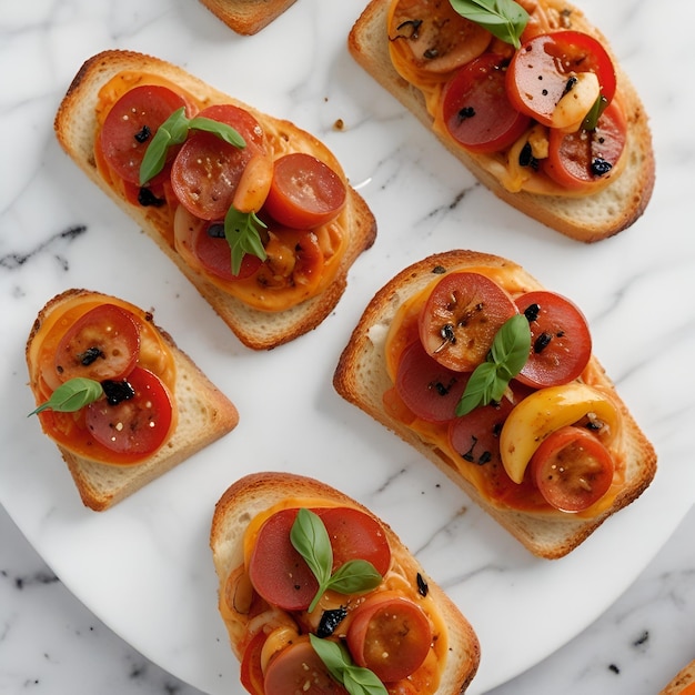 Generar una comida deliciosa y saludable de pizza crostini en una cocina blanca