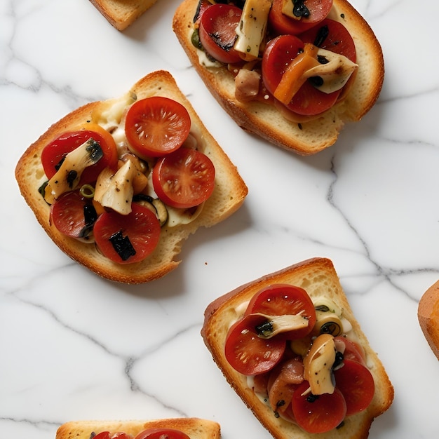 Generar una comida deliciosa y saludable de pizza crostini en una cocina blanca