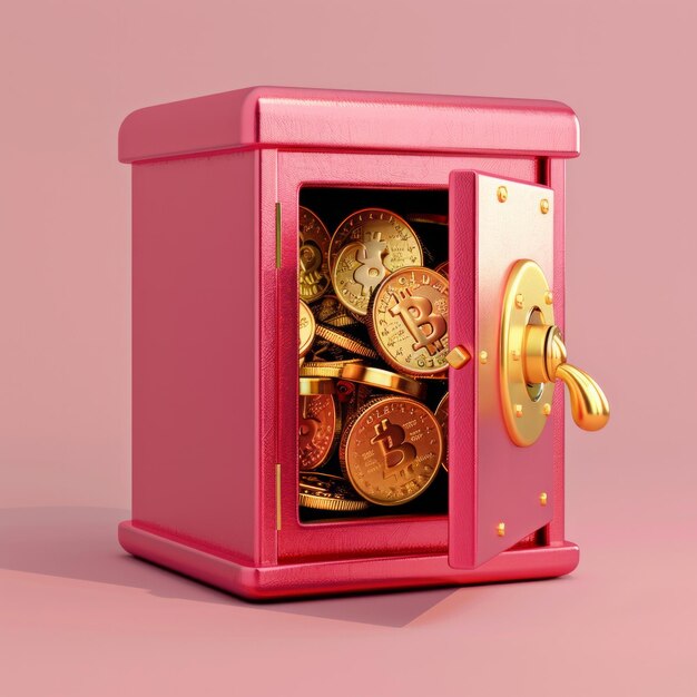 Foto generar una ilustración 3d que muestra una caja fuerte roja sobre un fondo rosa con la puerta de la caja fuerte parcialmente abierta para revelar un tesoro de monedas de oro dentro de ai generative