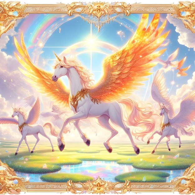 Generar una imagen de estilo animado de una granja celestial llena de Pegaso