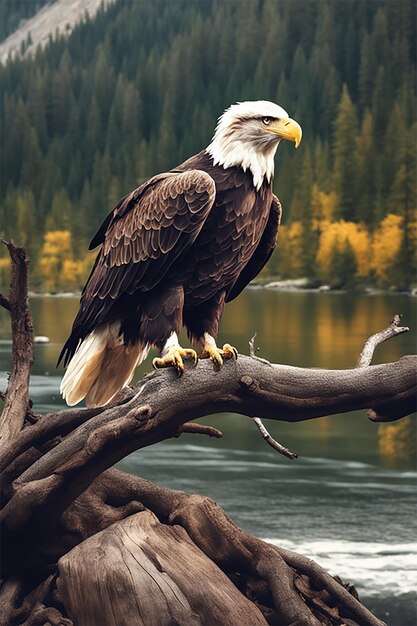 Generar una imagen de un majestuoso águila calva posado en una rama de árbol cerca de un río