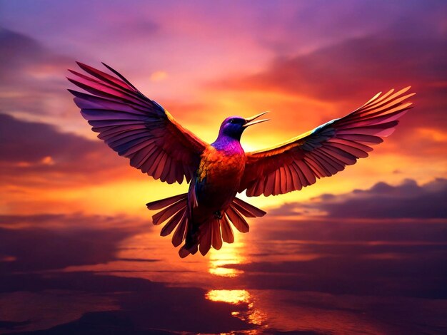 Generar una imagen de un majestuoso pájaro en vuelo contra un impresionante cielo vibrante al atardecer