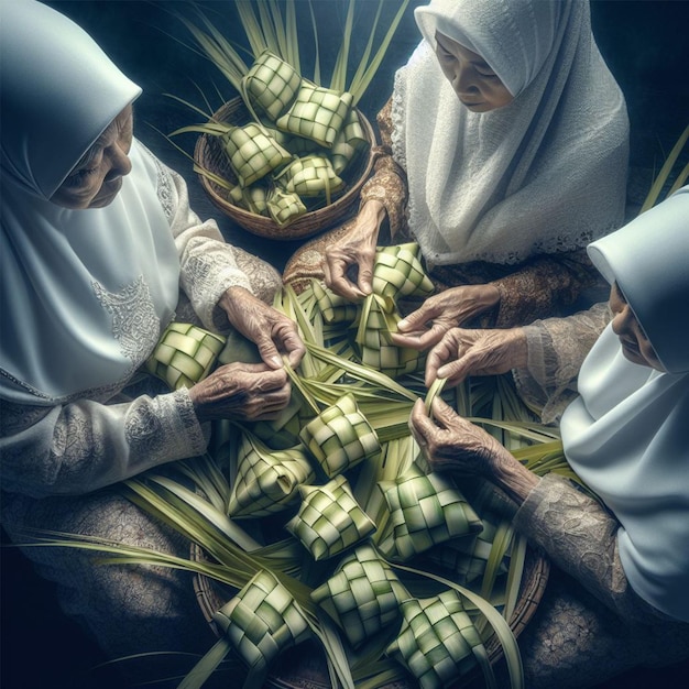 Generationen der Tradition, die Ketupat für das Eid al-Fitr herstellen