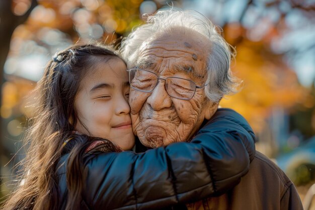 Generationen umarmen Großeltern und Enkelkinder und teilen sich die Liebe