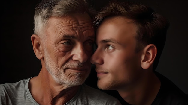 Generationsübergreifendes Porträt von zwei Männchen, jungen und älteren Gesichtern, die nahe beieinander stehen und die familiäre Bindung, emotionale und warme professionelle Fotografie zeigen.
