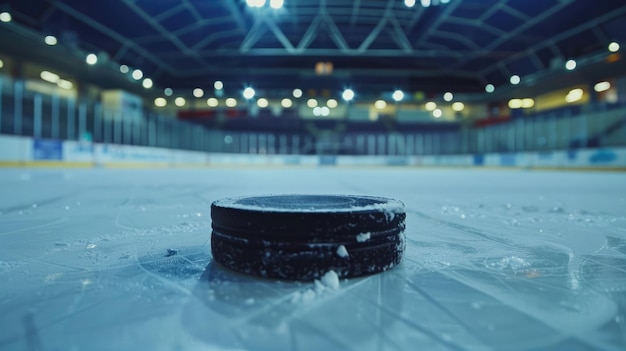 Generativa AI Arena de hockey con disco de cerca estadio de pista de hielo deportivo