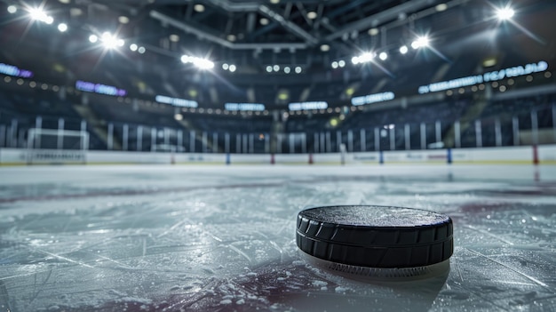 Generativa AI Arena de hockey con disco de cerca estadio de pista de hielo deportivo