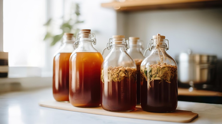 Foto generativa ai bebida de kombucha fermentada casera té saludable bebida con sabor probiótico natural