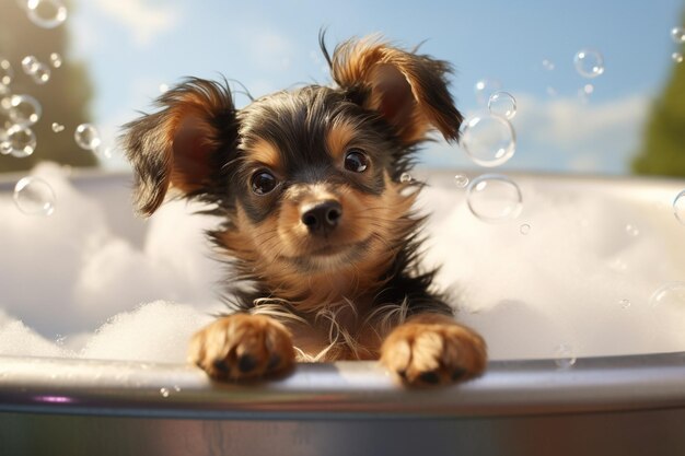 Foto generativa ai cão de raça terrier bonito tomando um banho de bolha