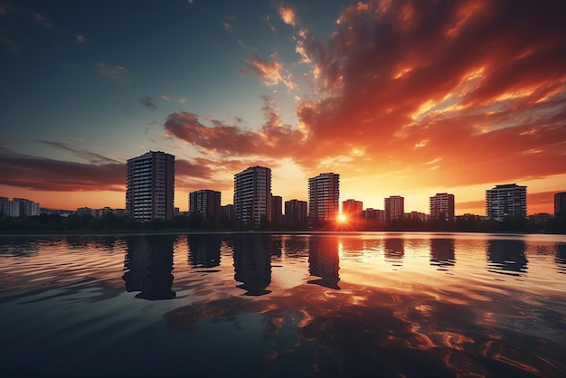 Generativa AI una ciudad ubicada en la orilla de un lago y la puesta de sol en el fondo