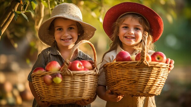 Generativa AI crianças felizes irmã e irmão bebê com uma cesta de pêssegos em um fundo de madeira