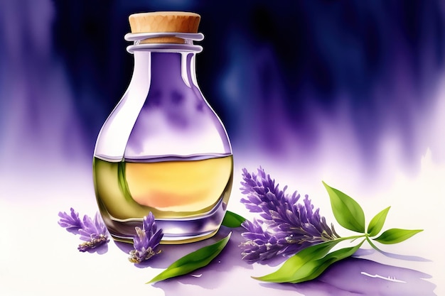 Generativa AI Flores secas de lavanda garrafa de óleo essencial ou água aromatizada