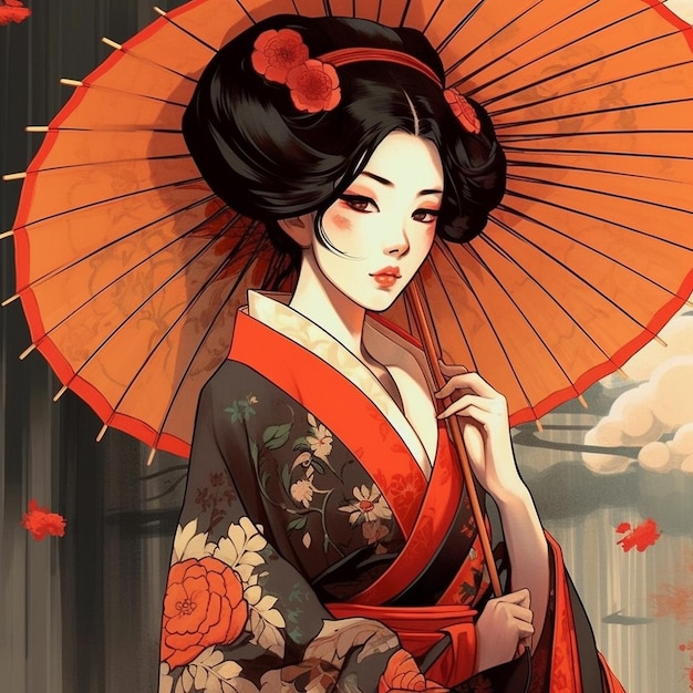 Generativa ai Geisha atraente em kimono preto com flores