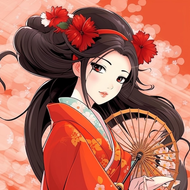 Generativa ai Geisha atraente em kimono preto com flores