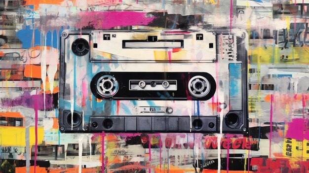 Foto generativa ai grunge cassete de áudio pop art graffiti cor vibrante tinta derretida pintura arte de rua em um fundo vintage de papel texturizado