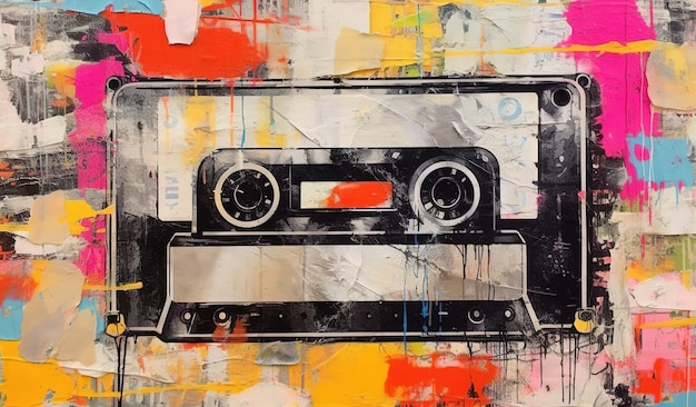 Foto generativa ai grunge cinta de audio cassette pop art graffiti color vibrante tinta fundida pintura arte callejero en un fondo vintage de papel texturizado