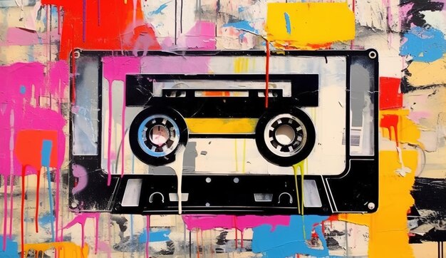 Foto generativa ai grunge cinta de audio cassette pop art graffiti color vibrante tinta fundida pintura arte callejero en un fondo vintage de papel texturizado