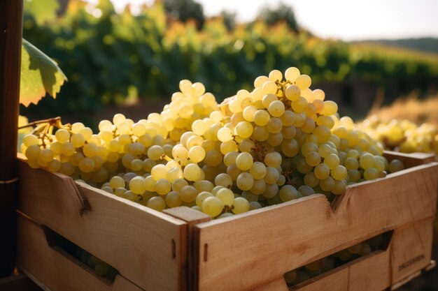 Foto generativa ai hay muchas ramas de uvas blancas en cajas de madera viña al atardecer en otoño o