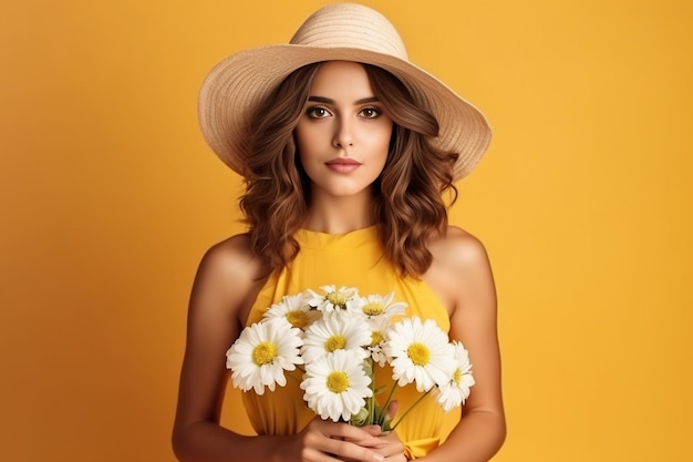 Generativa AI Hermosa mujer atractiva y elegante con vestido amarillo y sombrero de paja sosteniendo flores de margarita