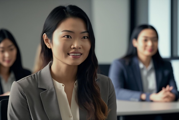 Generativa ai jovem empresária asiática adulta dentro do escritório durante a reunião