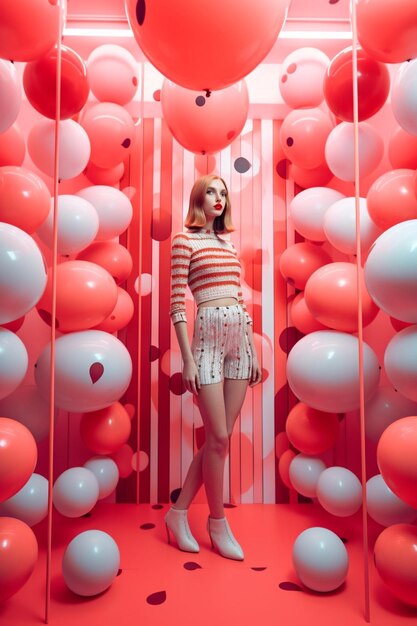 Generativa AI joven hermosa chica emocional en vestido rosa con globos rojos sobre fondo rojo