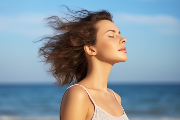 Generativa AI joven y hermosa mujer se está relajando y disfrutando del mar con los ojos cerrados