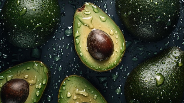 Generativa AI Macro Fresh Juicy mitad y todo el fondo de la fruta de aguacate verde como patrón