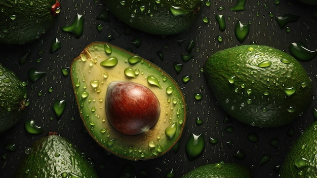 Foto generativa ai macro fresh juicy mitad y todo el fondo de la fruta de aguacate verde como patrón